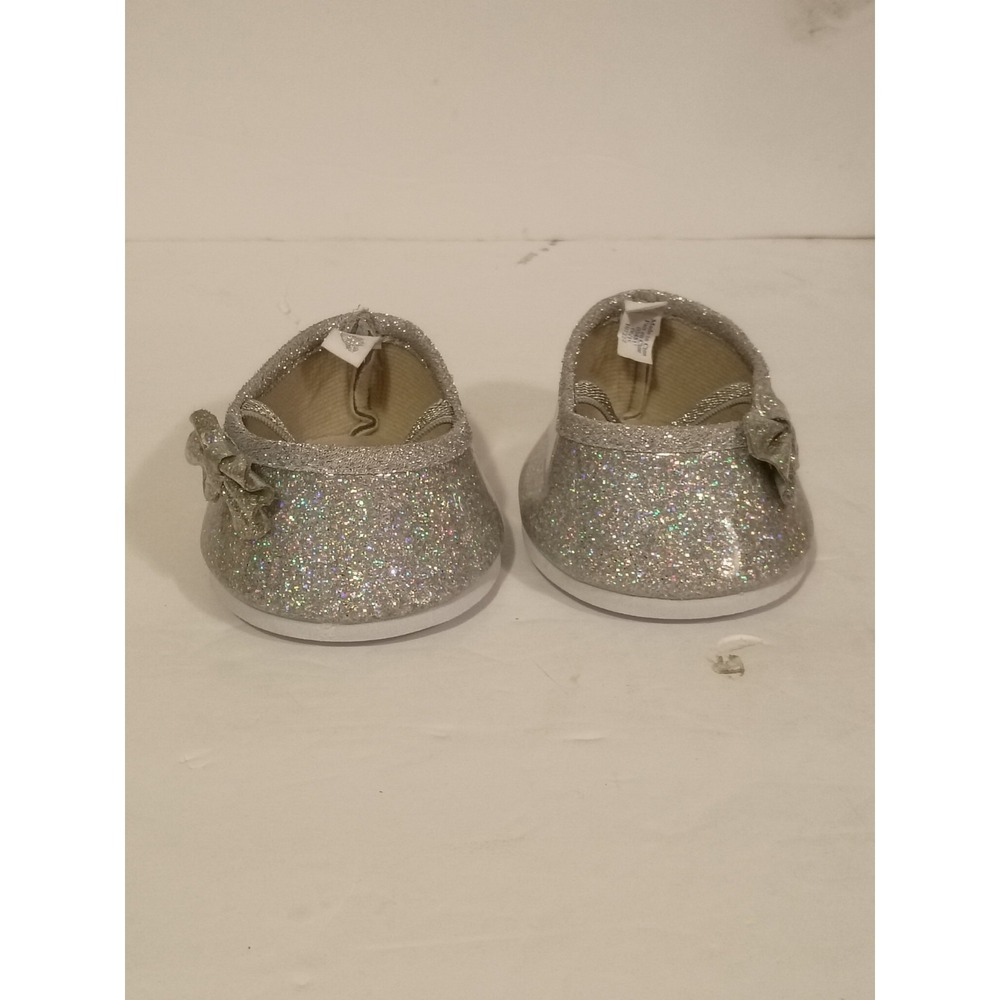 Build‎ A Bear BAB Silver Shiney Vinyl Sparkle Glitter Flats Side Bow Dressy